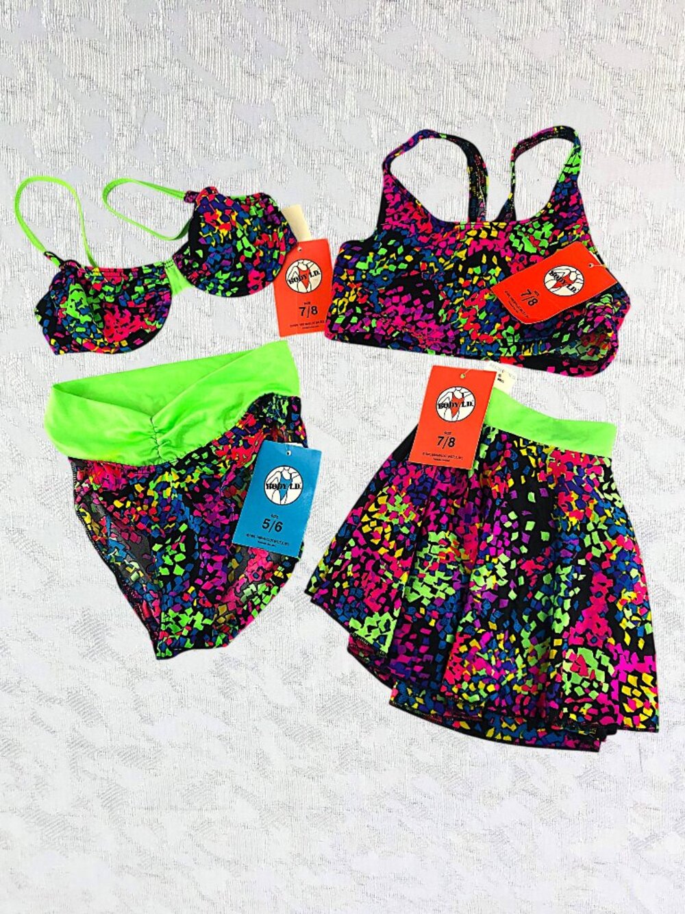 Body ID 4pc Neon Bikini Set Y2K Colorblock Swim Tops Bottom Sarong Size 5-8 NWT